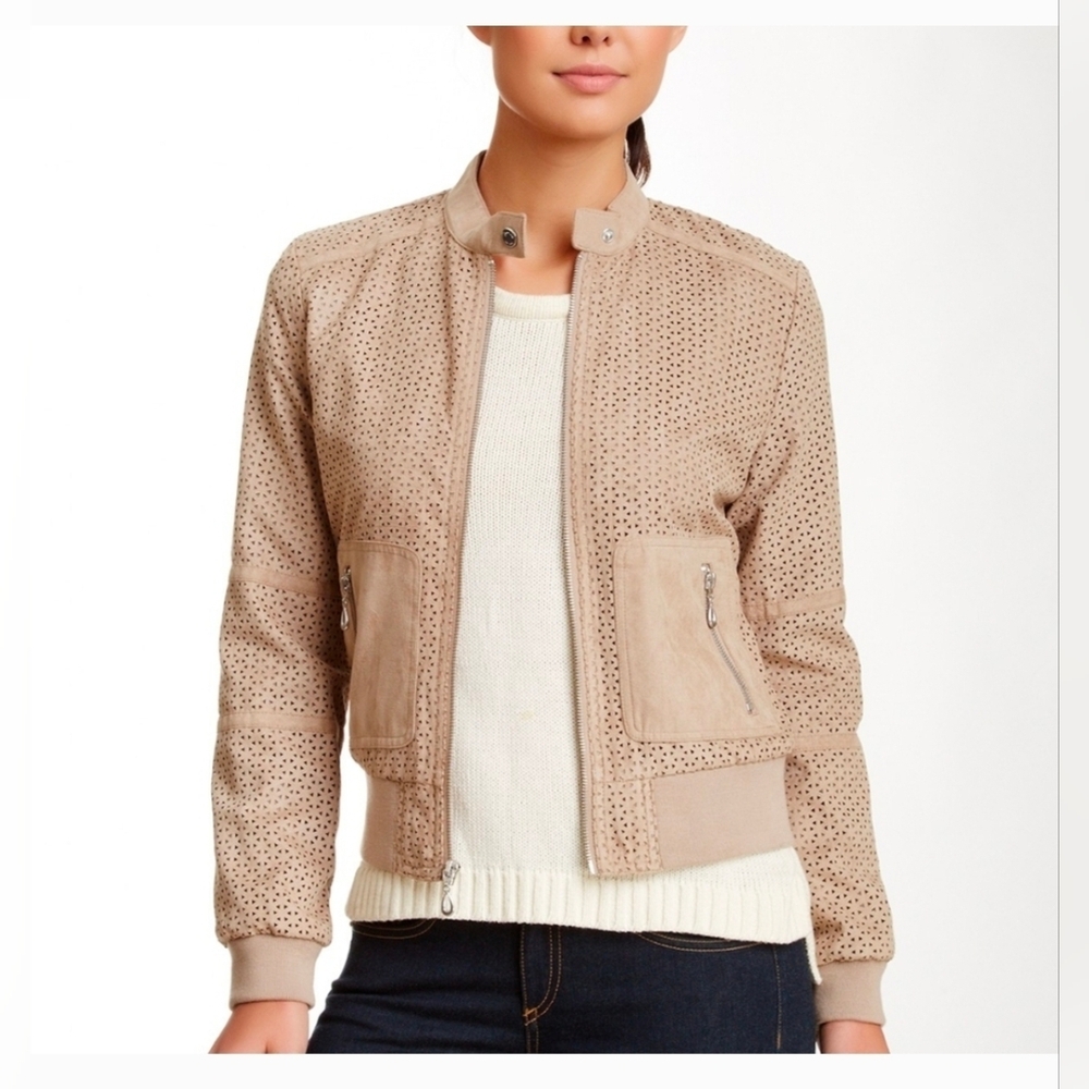 Kenneth Cole $150 MSRP Faux Vegan Suede Laser-Cut Bomber Jacket, Small (19" P2P)